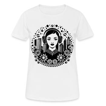 Urban Straße Gehweg – Frau, Kopfhörer, Tor - Frauen T-Shirt atmungsaktiv - Weiß - Vorne - AI Model Female 172 dark (172cm)