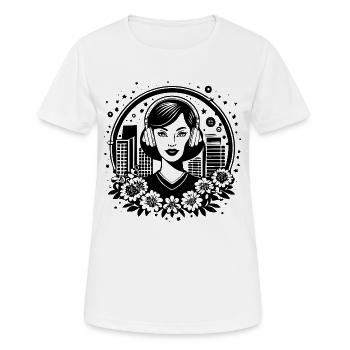 Skyline Hochhaus Fassade – Frau mit Kopfhörer - Frauen T-Shirt atmungsaktiv - Weiß - Vorne - AI Model Female 172 dark (172cm)