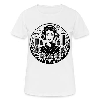 Gesicht – Frau mit Kopfhörer, Skyline, Streetwear - Frauen T-Shirt atmungsaktiv - Weiß - Vorne - AI Model Female 172 dark (172cm)