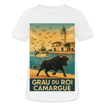 Taureau de Camargue Grau Du Roi au Soleil Levant - T-shirt respirant Femme - blanc - Devant - AI Model Female 172 dark (172cm)