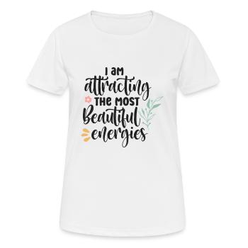 Ich ziehe schöne Energien an - Frauen T-Shirt atmungsaktiv - Weiß - Vorne - AI Model Female 172 dark (172cm)