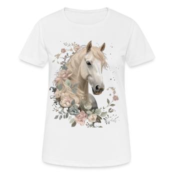 Hengst mit Blumenkronen - Frauen T-Shirt atmungsaktiv - Weiß - Vorne - AI Model Female 172 dark (172cm)