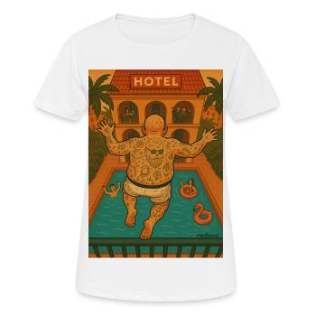 balcony vacationer jumping by the pool - Women's Breathable T-Shirt - white - Front - AI Model Female 172 dark (172cm)