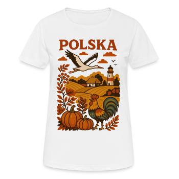 Polska Autumn Countryside with Stork and Rooster - Women's Breathable T-Shirt - white - Front - AI Model Female 172 dark (172cm)