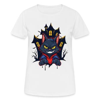 Grinsende Katze vor Spukhaus - Frauen T-Shirt atmungsaktiv - Weiß - Vorne - AI Model Female 172 dark (172cm)