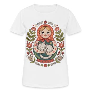 Matroschka Katze mit Blumengruß - Frauen T-Shirt atmungsaktiv - Weiß - Vorne - AI Model Female 172 dark (172cm)