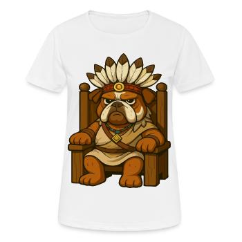 Bulldoggenhäuptling sitzt stolz auf einem hölzernen Thron - Frauen T-Shirt atmungsaktiv - Weiß - Vorne - AI Model Female 172 dark (172cm)