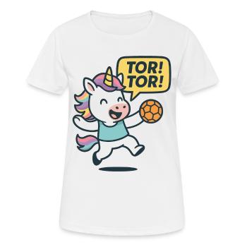 Einhorn Handball Tor Tor, Jubelkind Motiv - Frauen T-Shirt atmungsaktiv - Weiß - Vorne - AI Model Female 172 dark (172cm)