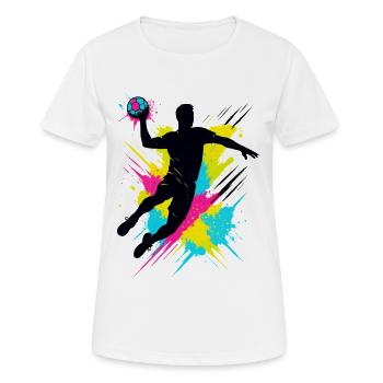 Handball Spieler Splash, bunter Sprungwurf, Action - Frauen T-Shirt atmungsaktiv - Weiß - Vorne - AI Model Female 172 dark (172cm)