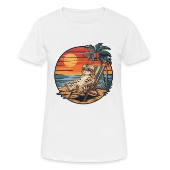Lustige Bengal-Katze am Strand, Sommerurlaub Sonnenuntergang - Frauen T-Shirt atmungsaktiv - Weiß - Vorne - AI Model Female 172 dark (172cm)