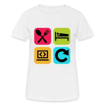 Essen, schlaf, Programm wiederholen, lustiger Zitatcode - Frauen T-Shirt atmungsaktiv - Weiß - Vorne - AI Model Female 172 dark (172cm)