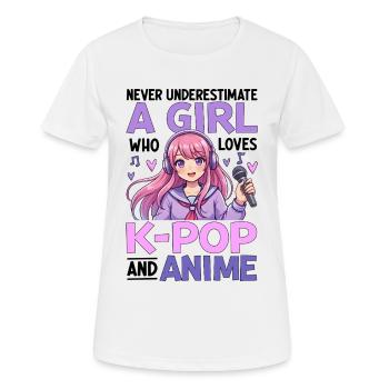 Ne sous-estimez jamais la fille qui adore la K Pop et l’Anime - T-shirt respirant Femme - blanc - Devant - AI Model Female 172 dark (172cm)