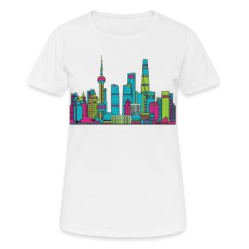 Shanghai City Skyline: Orientalische Perlenlinienzeichnung - Frauen T-Shirt atmungsaktiv - Weiß - Vorne - AI Model Female 172 dark (172cm)