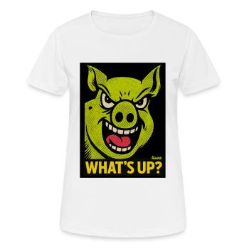Porc souriant avec Qu’est-ce qui se passe ? - T-shirt respirant Femme - blanc - Devant - AI Model Female 172 dark (172cm)