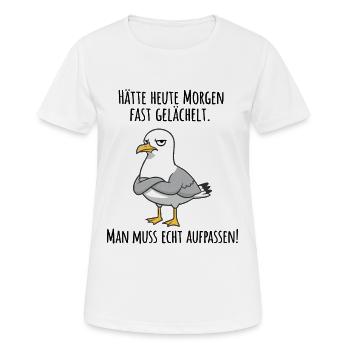 Fast gelächelt – Grummelige Möwe für Morgenmuffel - Frauen T-Shirt atmungsaktiv - Weiß - Vorne - AI Model Female 172 dark (172cm)