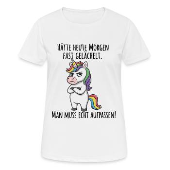 Fast gelächelt – Grummeliges Einhorn Morgenmuffel - Frauen T-Shirt atmungsaktiv - Weiß - Vorne - AI Model Female 172 dark (172cm)
