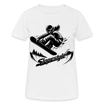 Slopestyle Snowboard Action in den Bergen - Frauen T-Shirt atmungsaktiv - Weiß - Vorne - AI Model Female 172 dark (172cm)