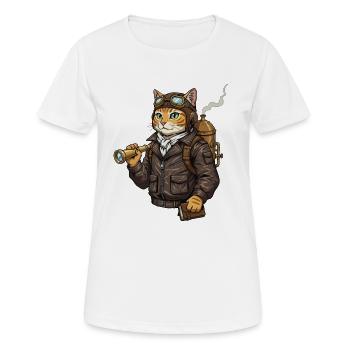 Cat Aviator Steampunk Explorer Curiosity - Women's Breathable T-Shirt - white - Front - AI Model Female 172 dark (172cm)