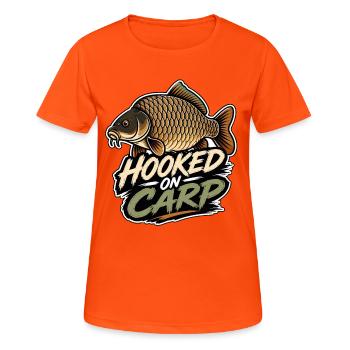 Hooked On Carp Lustiges Karpfenfischen-Design - Frauen T-Shirt atmungsaktiv - Neonorange - Vorne - AI Model Female 172 dark (172cm)