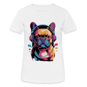 Französische Bulldogge Frenchie mit Kopfhörern - Frauen T-Shirt atmungsaktiv - Weiß - Vorne - AI Model Female 172 dark (172cm)