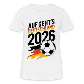 Fußball Flamme 2026 | Auf Geht's Deutschland - Frauen T-Shirt atmungsaktiv - Weiß - Vorne - AI Model Female 172 dark (172cm)
