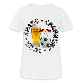 Fußball und Bier – Darum sind wir hier! Fan Shirt - Frauen T-Shirt atmungsaktiv - Weiß - Vorne - AI Model Female 172 dark (172cm)