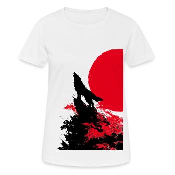 Red Sun Howler Wolf – Japanese Minimalis Art - Women's Breathable T-Shirt - white - Front - AI Model Female 172 dark (172cm)
