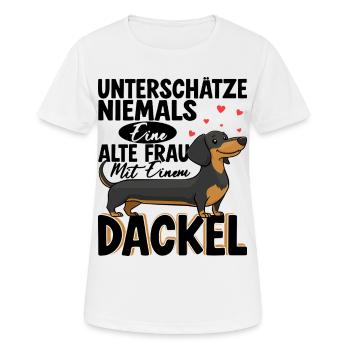 Unterschätze Niemals Eine Alte Frau Mit Dackel - Frauen T-Shirt atmungsaktiv - Weiß - Vorne - AI Model Female 172 dark (172cm)