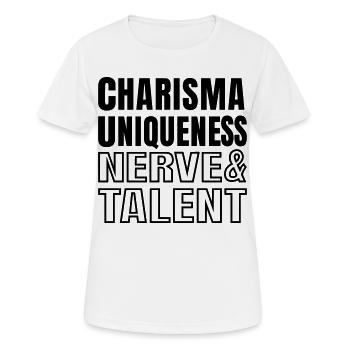 Charisma Uniques Nerve and Talent Text Quote SVG - T-shirt respirant Femme - blanc - Devant - AI Model Female 172 dark (172cm)