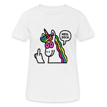 Regenbogen Unicorn Mittelfinger - Frauen T-Shirt atmungsaktiv - Weiß - Vorne - AI Model Female 172 dark (172cm)