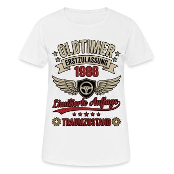Oldtimer Erstzulassung 1986 Limited Edition  - Frauen T-Shirt atmungsaktiv - Weiß - Vorne - AI Model Female 172 dark (172cm)