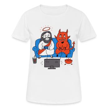 Lustiges Duo spielt auf der Couch – Jesus und Dämon - Frauen T-Shirt atmungsaktiv - Weiß - Vorne - AI Model Female 172 dark (172cm)