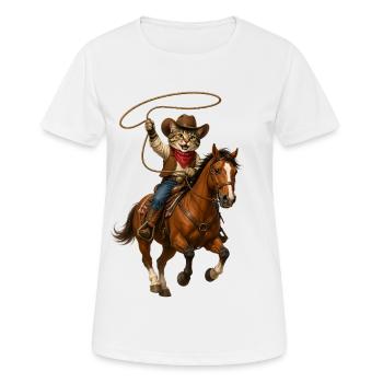 Chat cowboy en course à cheval - T-shirt respirant Femme - blanc - Devant - AI Model Female 172 dark (172cm)