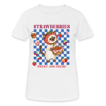Chat à capuche fraise portant un panier à fraises - T-shirt respirant Femme - blanc - Devant - AI Model Female 172 dark (172cm)