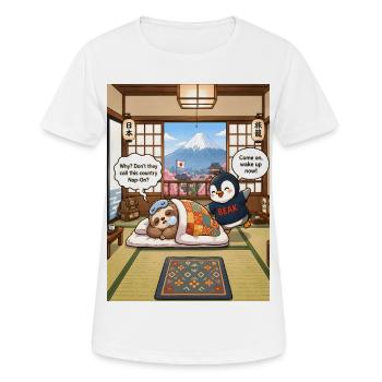 Nap-On – Funny Japan Sloth Pun Design - Frauen T-Shirt atmungsaktiv - Weiß - Vorne - AI Model Female 172 dark (172cm)