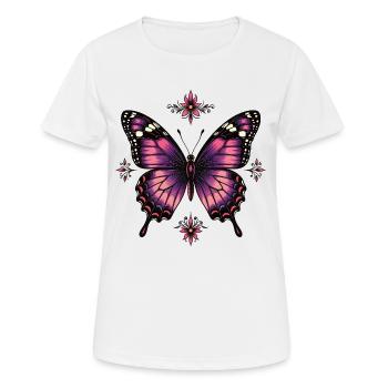 Schmetterling-Tattoo Purpur mit Blüten - Frauen T-Shirt atmungsaktiv - Weiß - Vorne - AI Model Female 172 dark (172cm)