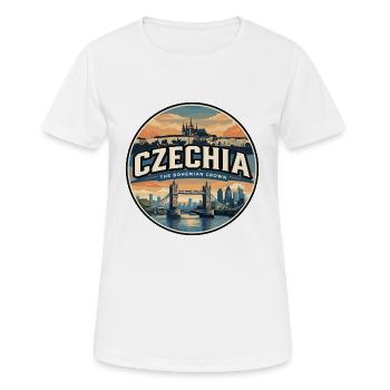 Retro Czechia Charles Bridge Badge Travel Poster - Women's Breathable T-Shirt - white - Front - AI Model Female 172 dark (172cm)