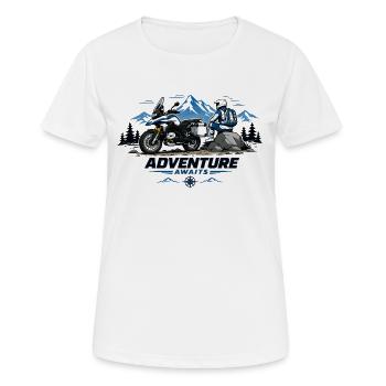 Adventure Awaits – Motorcycle Adventure Rider Bike - Women's Breathable T-Shirt - white - Front - AI Model Female 172 dark (172cm)