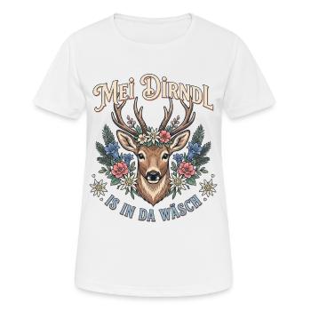 Mei Dirndl is in da Wäsch Trachten Ersatz Hirsch - Frauen T-Shirt atmungsaktiv - Weiß - Vorne - AI Model Female 172 dark (172cm)