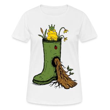 Griffonnage de jardin de bottes en caoutchouc du Roi Grenouille - T-shirt respirant Femme - blanc - Devant - AI Model Female 172 dark (172cm)