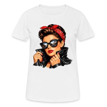 Cool pin-up girl in leather jacket & sunglasses - Women's Breathable T-Shirt - white - Front - AI Model Female 172 dark (172cm)
