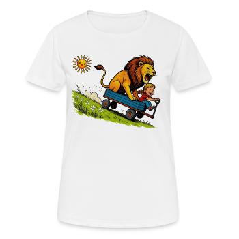 Wild lion ride in a blue handcart - Women's Breathable T-Shirt - white - Front - AI Model Female 172 dark (172cm)