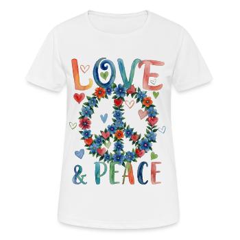 Enseigne florale Love and Peace en style aquarelle - T-shirt respirant Femme - blanc - Devant - AI Model Female 172 dark (172cm)