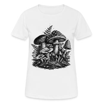 Vintage Forest Mushrooms Linocut - Women's Breathable T-Shirt - white - Front - AI Model Female 172 dark (172cm)