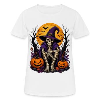 Skeleton with witch hat and pumpkin for Halloween - Women's Breathable T-Shirt - white - Front - AI Model Female 172 dark (172cm)