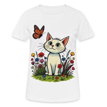 Chat blanc avec papillon sur la prairie fleurie - T-shirt respirant Femme - blanc - Devant - AI Model Female 172 dark (172cm)