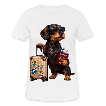 Motif teckel Holiday – Chien drôle avec valise et - T-shirt respirant Femme - blanc - Devant - AI Model Female 172 dark (172cm)