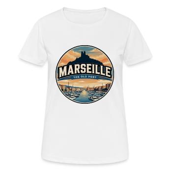 Emblème rétro de voyage du Vieux Port de Marseille - T-shirt respirant Femme - blanc - Devant - AI Model Female 172 dark (172cm)