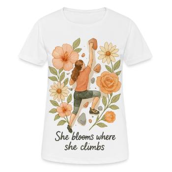She blooms where she climbs - Bouldering & Flowers - Women's Breathable T-Shirt - white - Front - AI Model Female 172 dark (172cm)