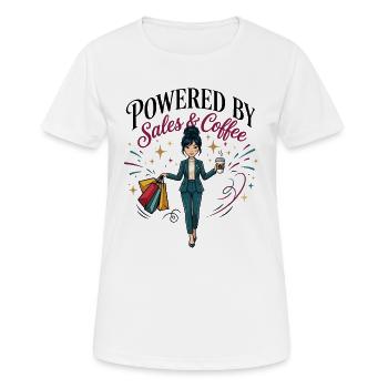 Powered By Sales and Coffee East AsianWoman - Women's Breathable T-Shirt - white - Front - AI Model Female 172 dark (172cm)